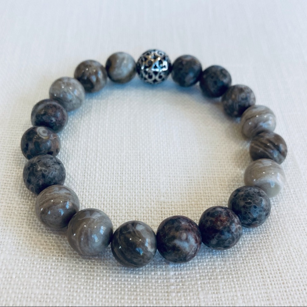 Handcrafted Fossil Coral Beaded Stretch Bracelet 10mm Gemstones & Silver-Plated - Picture 4 of 10